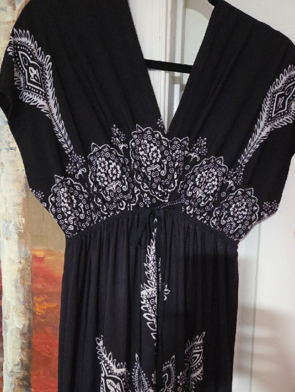 Women's Coral V-Neck Maxi Dress with White Print - Soft Jersey - Picture 4 of 11